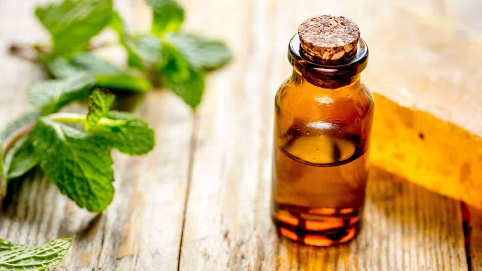 A small amber glass bottle with a cork stopper is placed on a wooden surface. Fresh green mint leaves and a block of yellow soap are nearby, suggesting a natural theme. The wood grain is visible, enhancing the rustic setting.