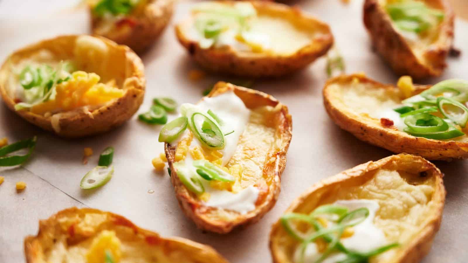 Potato skins on parchment paper, topped with melted cheese, sour cream, and slices of green onion.