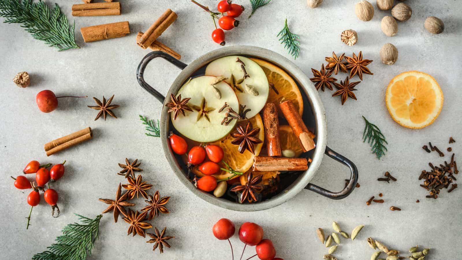A pot filled with sliced apples, oranges, cinnamon sticks, and star anise is surrounded by various spices and fruits, including nutmeg, cloves, rose hips, and evergreen sprigs on a light gray surface.