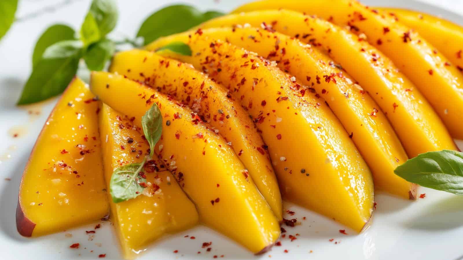 Sliced mangoes dusted with red chili flakes and garnished with fresh basil leaves on a white plate.