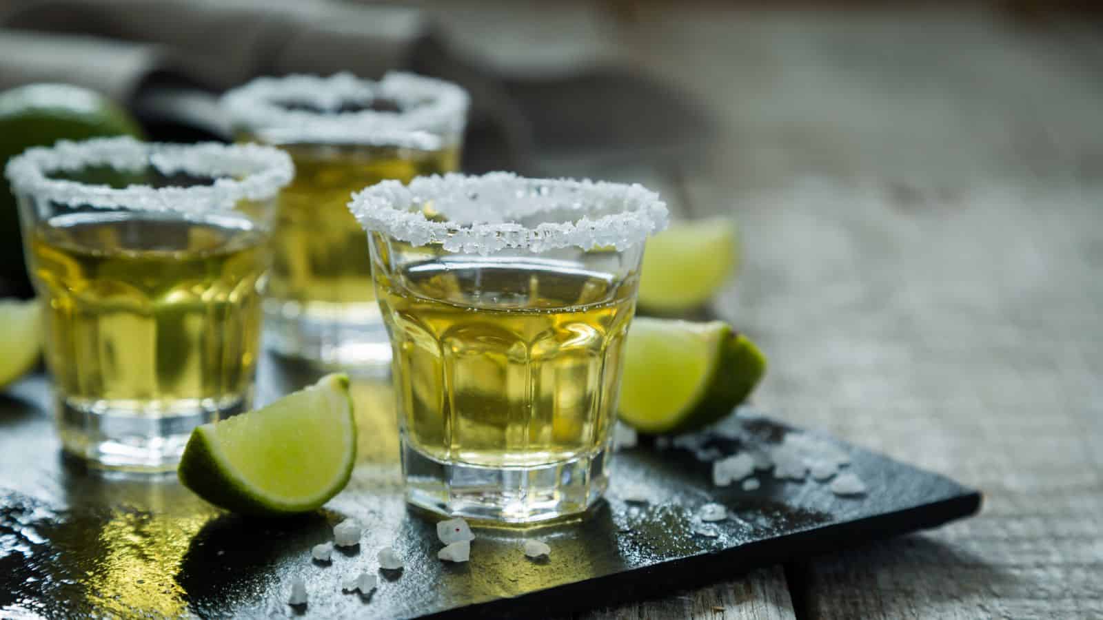 Three glasses of tequila with salted rims are on a black tray. Lime wedges are placed around the glasses, with scattered salt crystals on the tray. The background features a wooden surface and a blurred cloth.