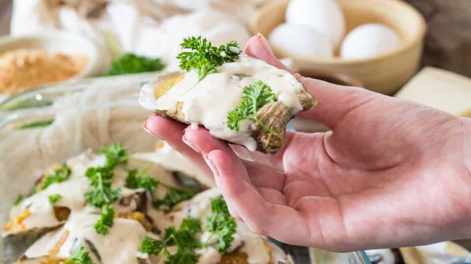 A hand holding a potato slice topped with creamy white sauce and garnished with fresh parsley. In the background, there are more similar potato slices, a bowl of eggs, and some parsley.