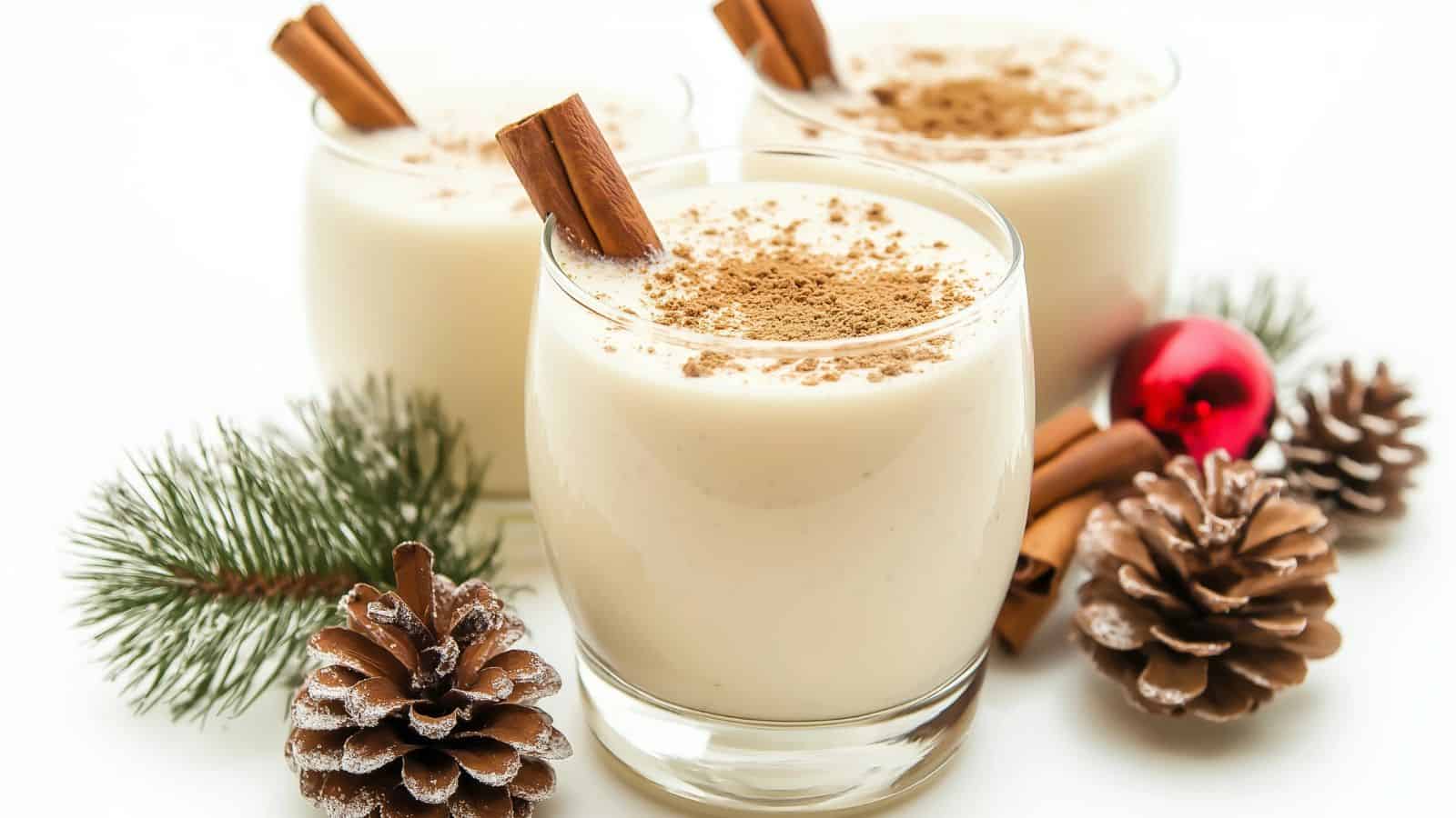 An image of three glasses of light-colored drinks with nutmeg sprinkled on top of them. There are pine and pinecones scattered on the surface.