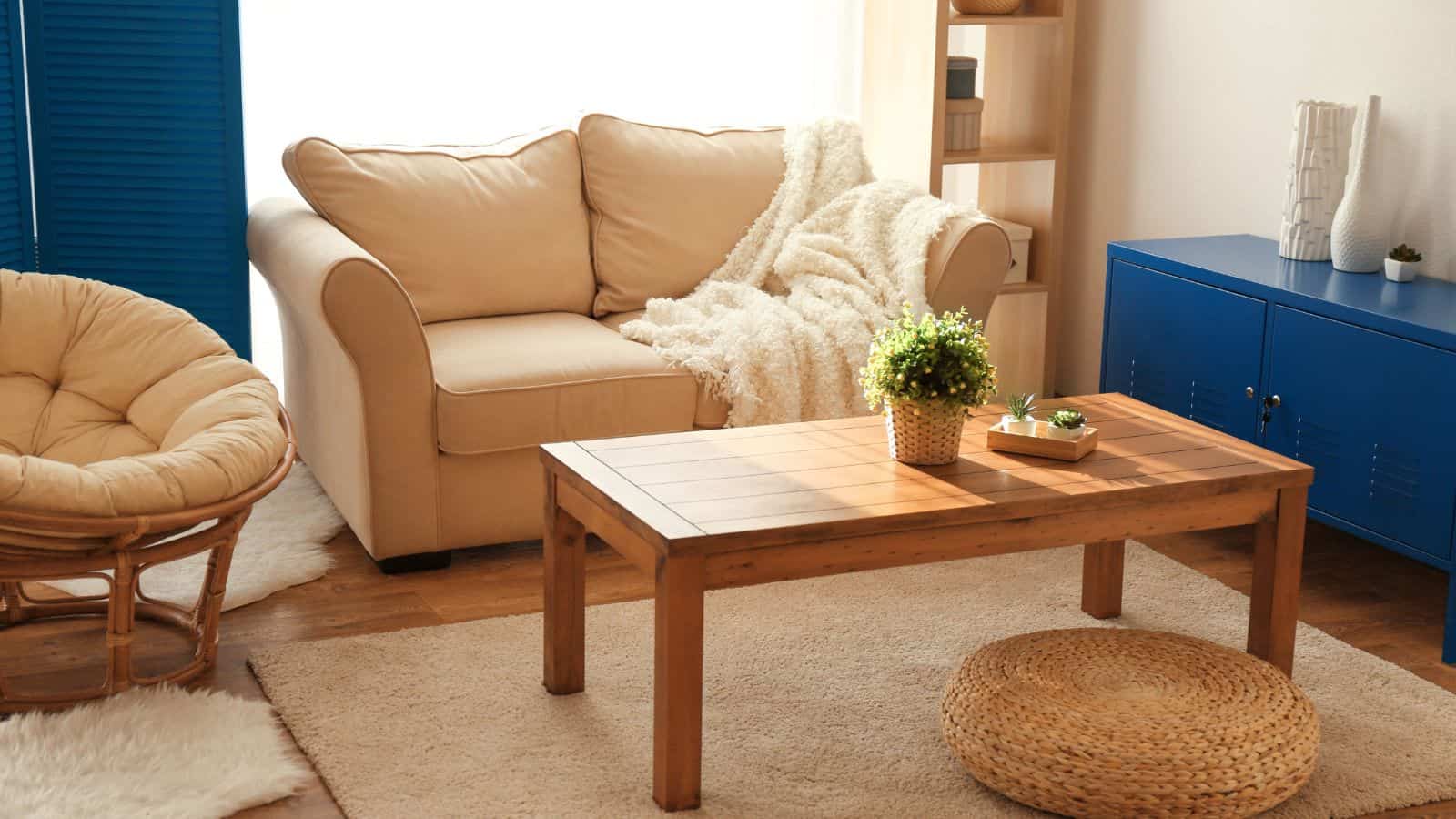 A cozy living room with a beige sofa, a fluffy throw, and a round rattan chair. A wooden coffee table with a potted plant and a small centerpiece is in the center. A blue cabinet and additional decor are in the background. Natural light fills the room.