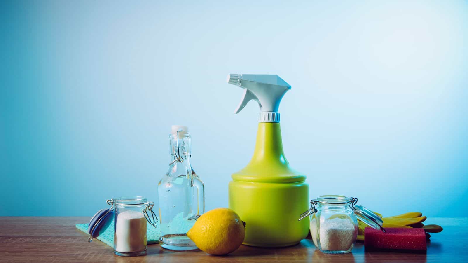 A spray bottle, glass jars with white powder, a lemon, a cleaning cloth, a glass bottle with a cork, and cleaning gloves are arranged on a wooden surface against a blue background.