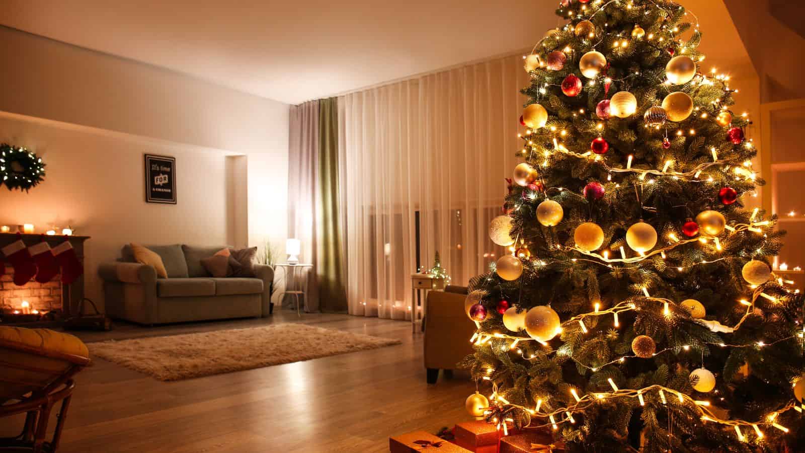 A warmly lit living room features a decorated Christmas tree with lights and ornaments. A couch sits near a fireplace with stockings, and wrapped gifts are placed under the tree. The room is illuminated by soft lighting and candles.