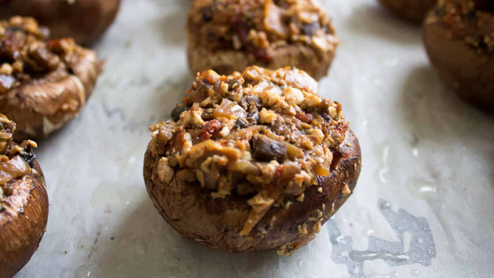 Close-up of stuffed mushrooms on a baking sheet. The mushrooms are topped with a mixture of chopped ingredients, possibly including breadcrumbs, herbs, and vegetables, and appear cooked with a slightly browned surface.
