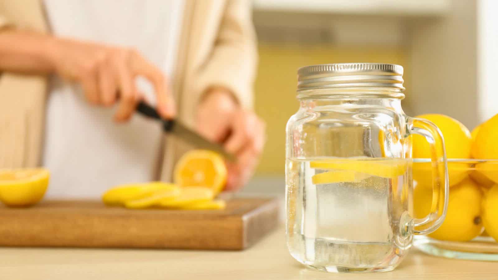 A mason jar filled with water and lemon slices is in the foreground. In the background, a person is slicing lemons on a wooden cutting board. More lemons are visible in a bowl to the right.