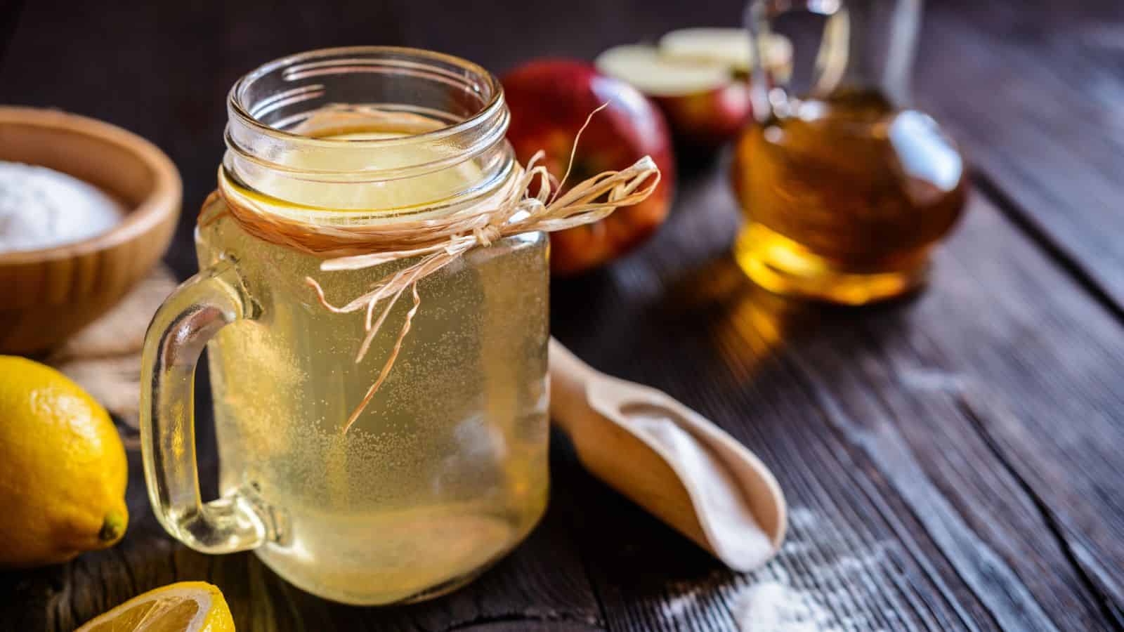 A mason jar filled with a light yellow drink, garnished with twine, sits on a wooden table. 