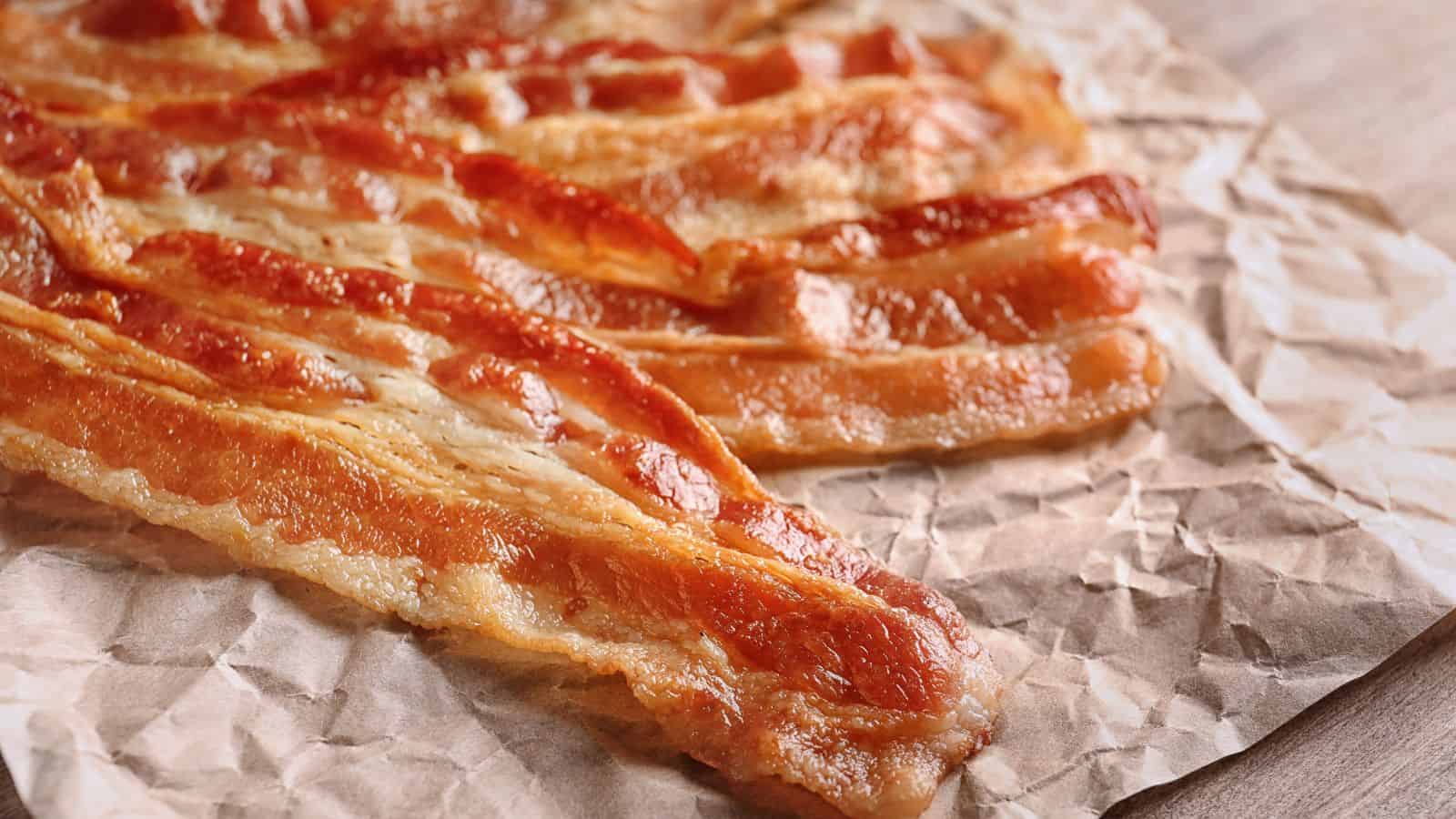 Crispy strips of cooked bacon lie on crumpled parchment paper placed on a wooden surface.