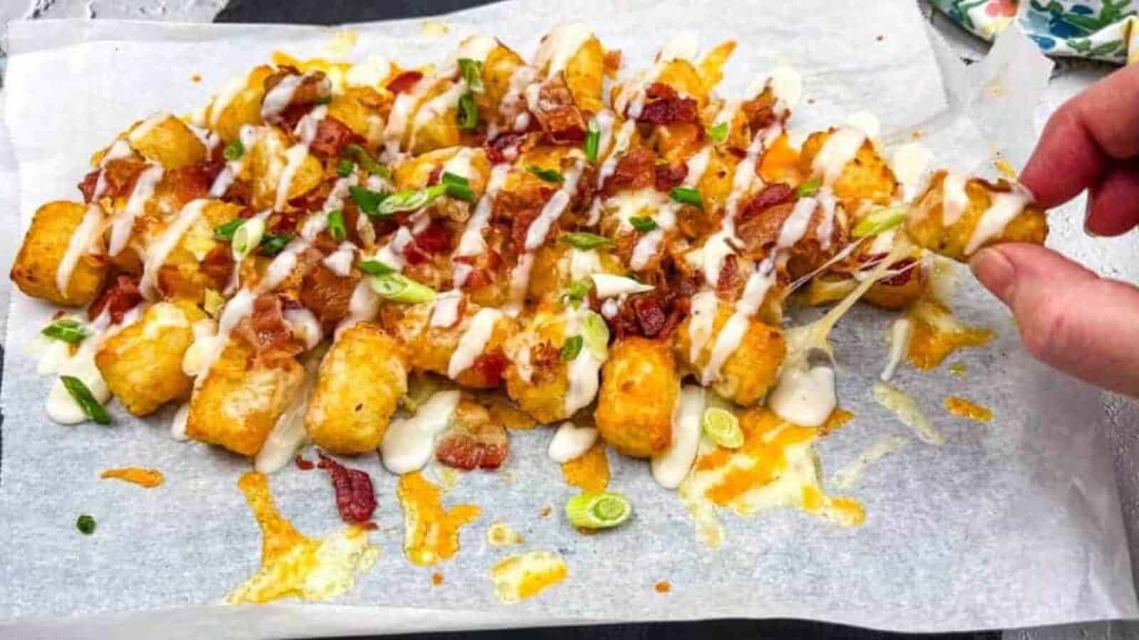 A hand picking up a cheese-covered tater tot from a tray. The tater tots are topped with melted cheese, sour cream drizzle, chopped green onions, and bacon bits, all arranged on a parchment-lined surface.