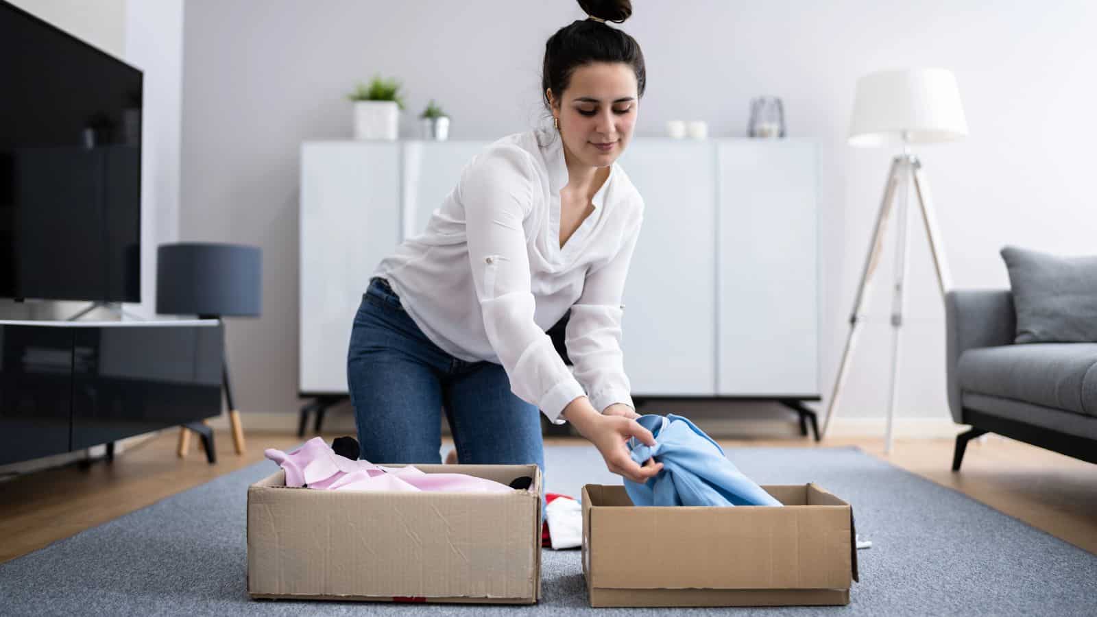 A person in a white shirt and jeans is kneeling on a rug in a living room, sorting clothes into open cardboard boxes. Nearby are a sofa, a floor lamp, a TV, and a shelf with plants.