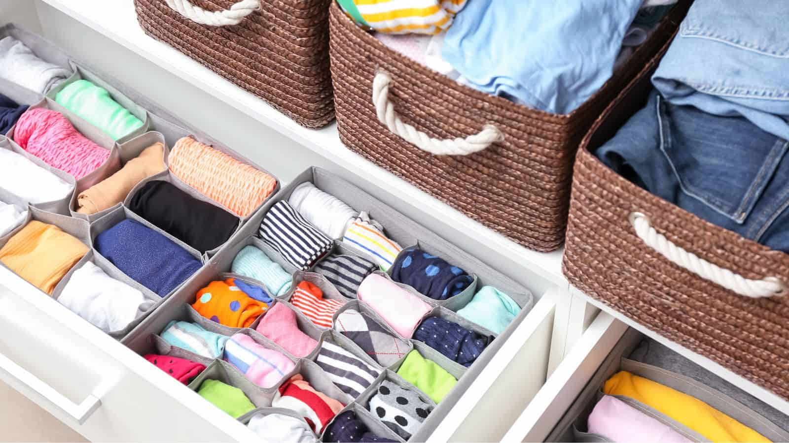 Open drawers and woven baskets filled with neatly organized clothes. The drawers contain colorfully folded socks and underwear in individual compartments. The baskets hold folded shirts, jeans, and other clothing items.