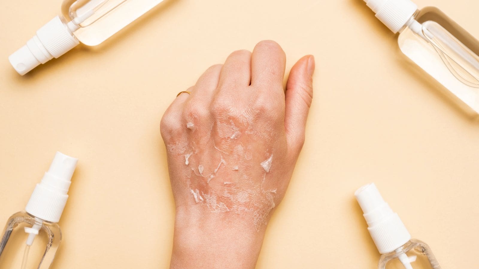 A hand with dry skin, showing visible flakes, positioned against a beige background. Surrounding the hand are four spray bottles placed at the corners, arranged in a symmetrical pattern.