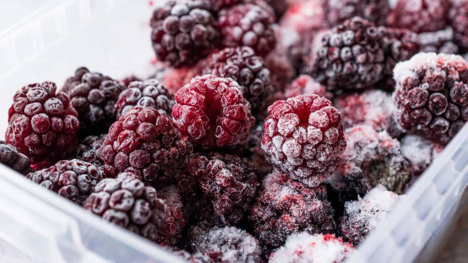 A container filled with frozen blackberries and raspberries, covered in frost. The berries are a mix of dark purple and red hues, showcasing a textured surface due to the ice crystals.