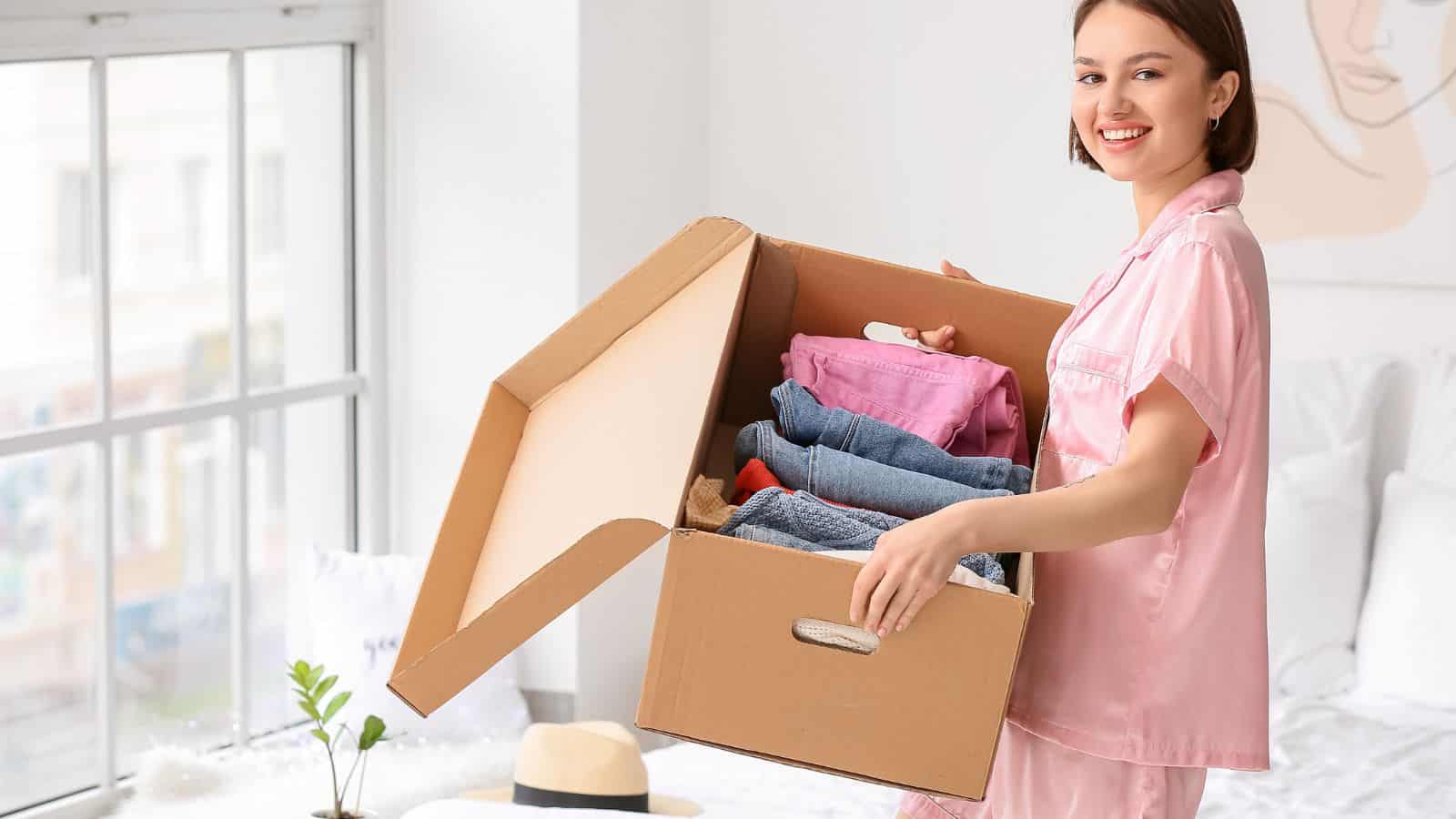 A woman in pink pajamas holds an open cardboard box filled with folded clothes. She stands in a bright room near a window. The bed behind her has a hat and pillows. The room has light-colored walls and decor.