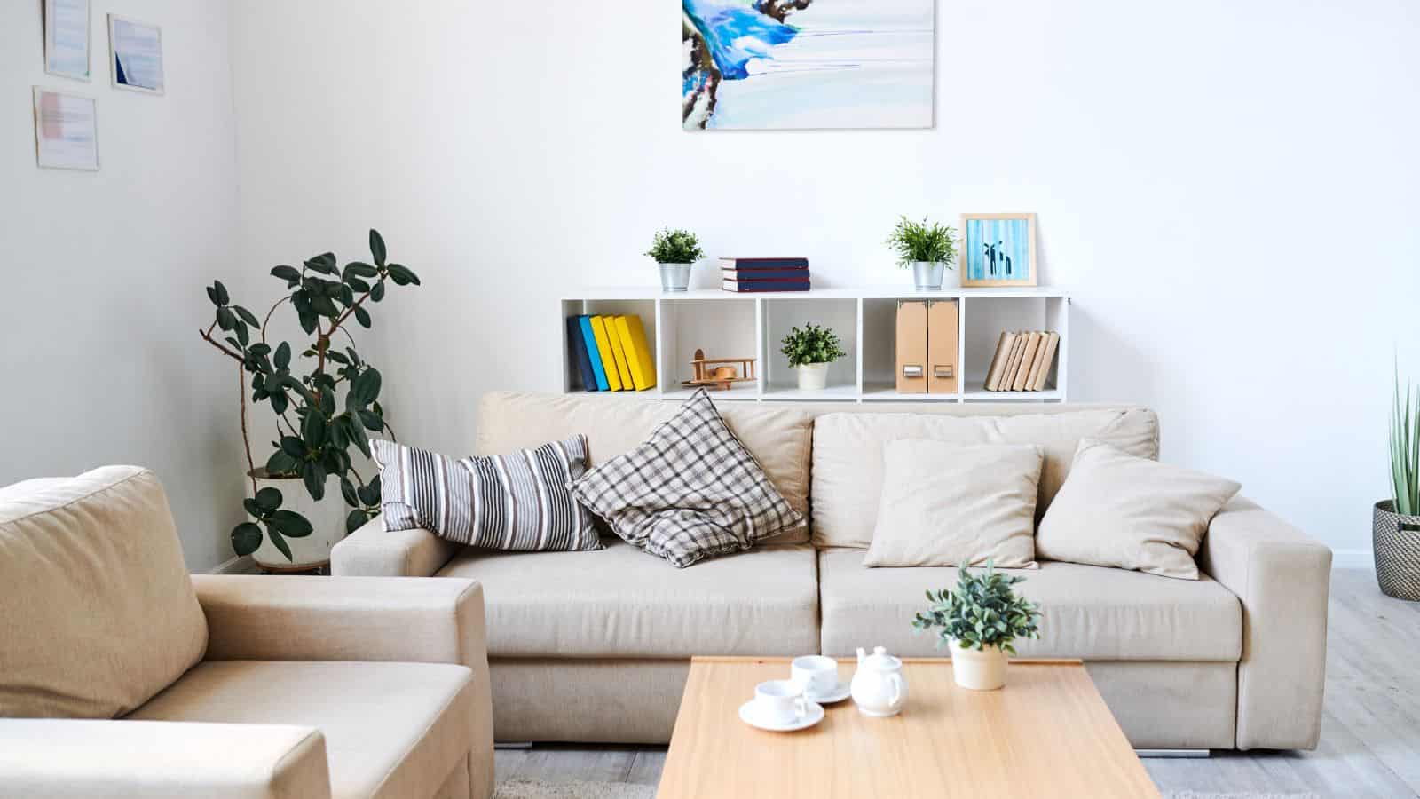 A modern living room with a beige sofa and armchair. The sofa has multiple patterned cushions. A wooden coffee table displays a tea set. There are plants and books on a shelf in the background, with a small painting hanging above.