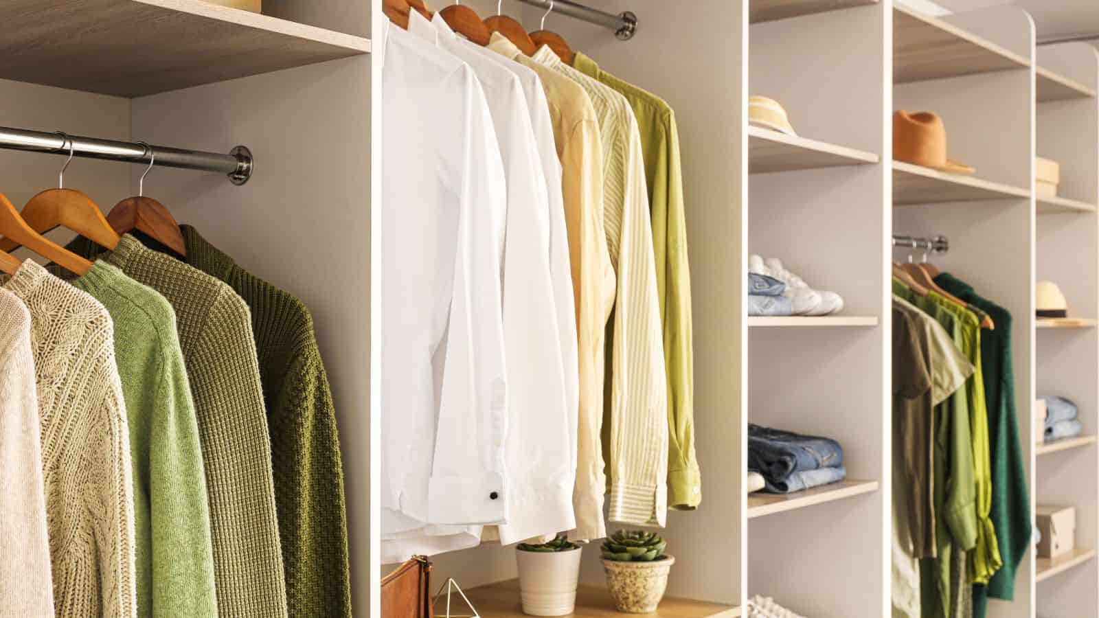 A neatly organized wardrobe with clothes on hangers. On the left, there are several green and white garments. To the right, shelves hold folded clothes, hats, and small potted plants, creating a tidy and stylish closet display.