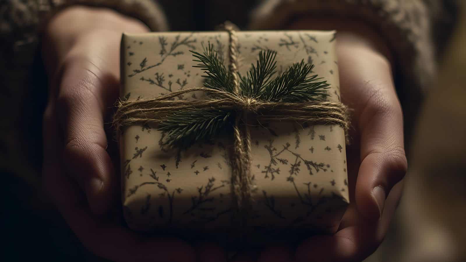 Hands are holding a small gift wrapped in decorative paper with a nature-themed design. The package is tied with twine, and a small evergreen branch is tucked under the knot.