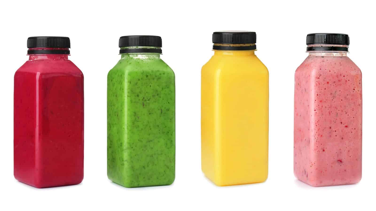 Four rectangular bottles filled with different colored liquids&mdash;red, green, yellow, and pink&mdash;are lined up in a row. Each bottle has a black cap. The background is plain white.