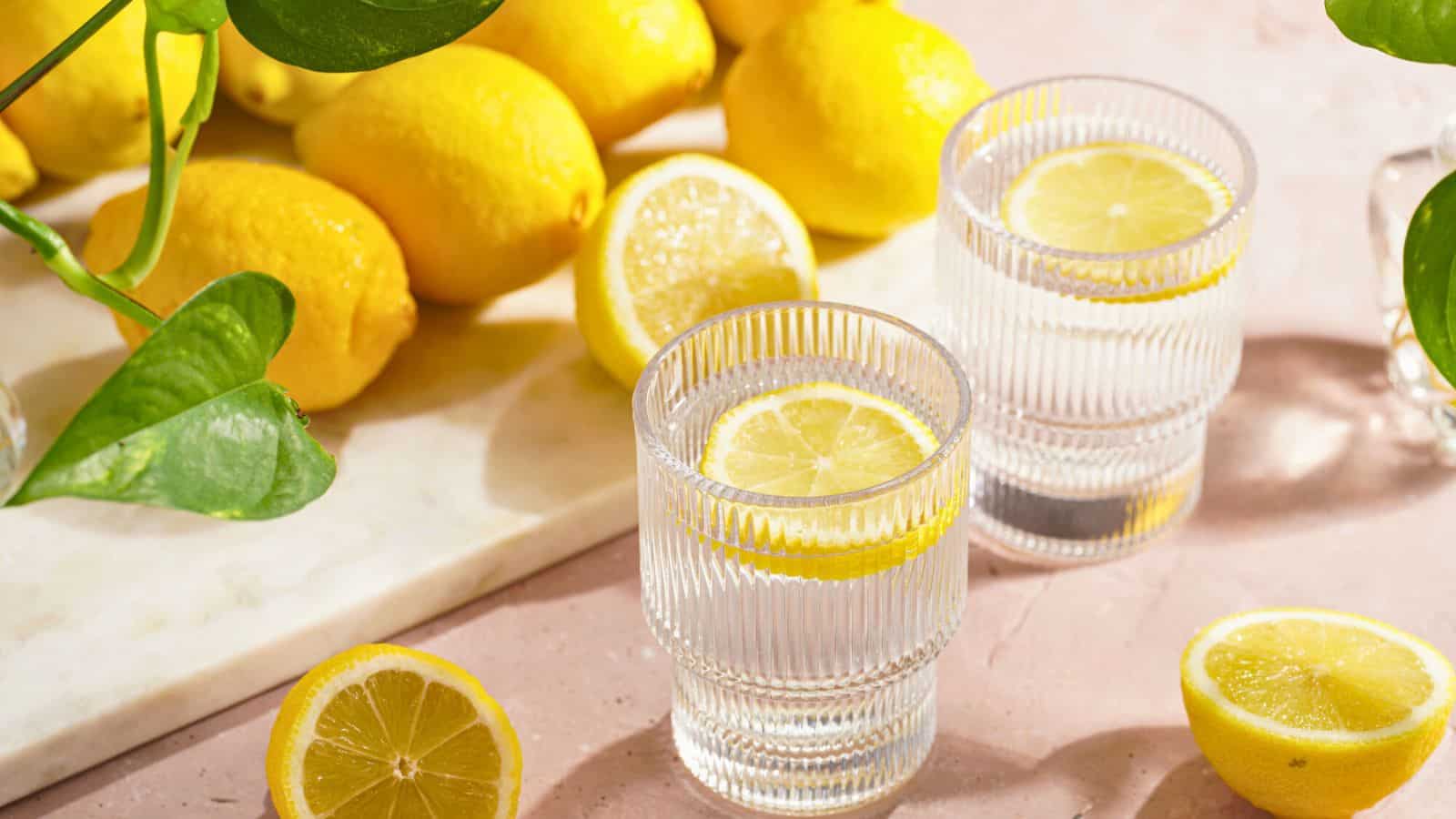 Two clear glasses filled with water and lemon slices sit on a light pink surface. A marble board with a pile of whole and halved lemons is in the background. Green leaves from a nearby plant add a touch of color to the scene.