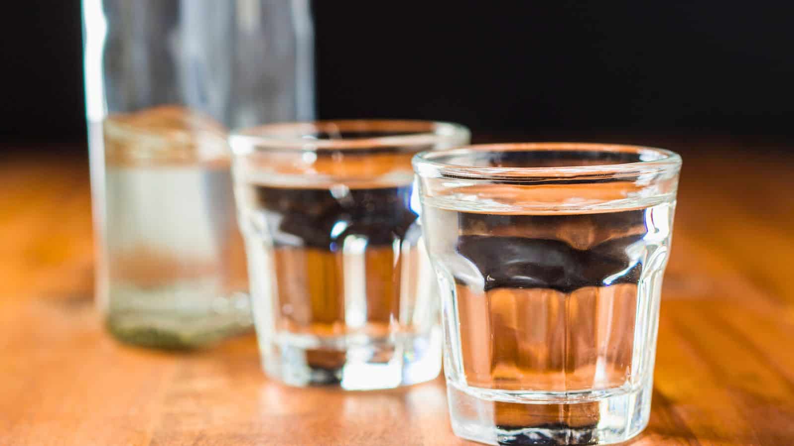 Two clear glass cups filled with liquid, likely water, are placed on a wooden table. A blurred bottle is visible in the background. The image has a warm tone with a dark background.