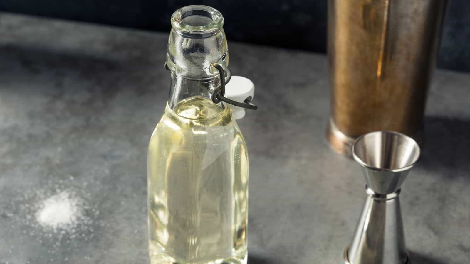A glass bottle with a swing top filled with clear liquid is on a gray surface. Next to it is a metal jigger and a tall metallic container. A small amount of white powder is scattered nearby.