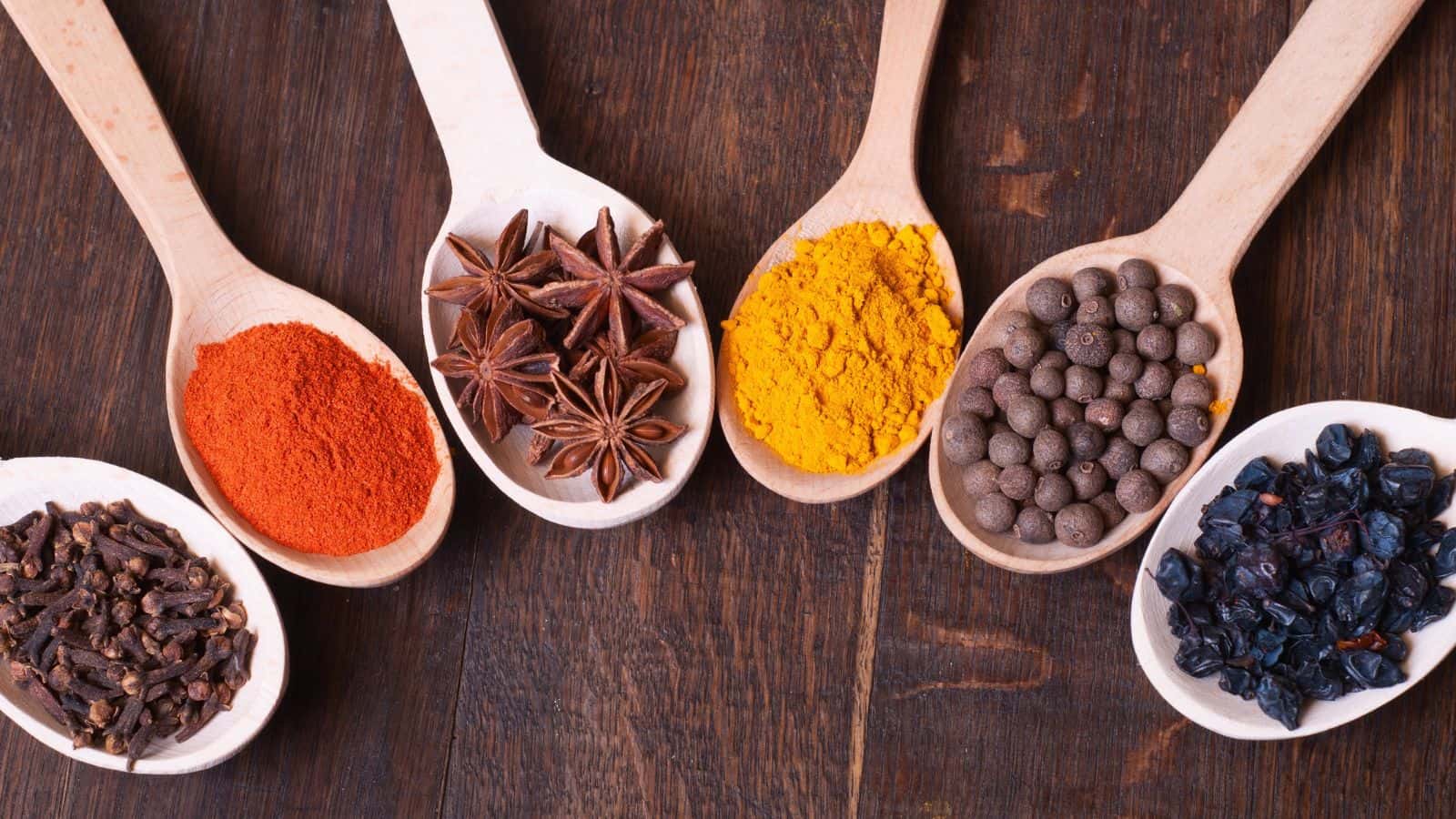Five wooden spoons on a wooden surface, each filled with different spices and ingredients: red paprika, star anise, yellow turmeric, whole allspice, and dried berries.