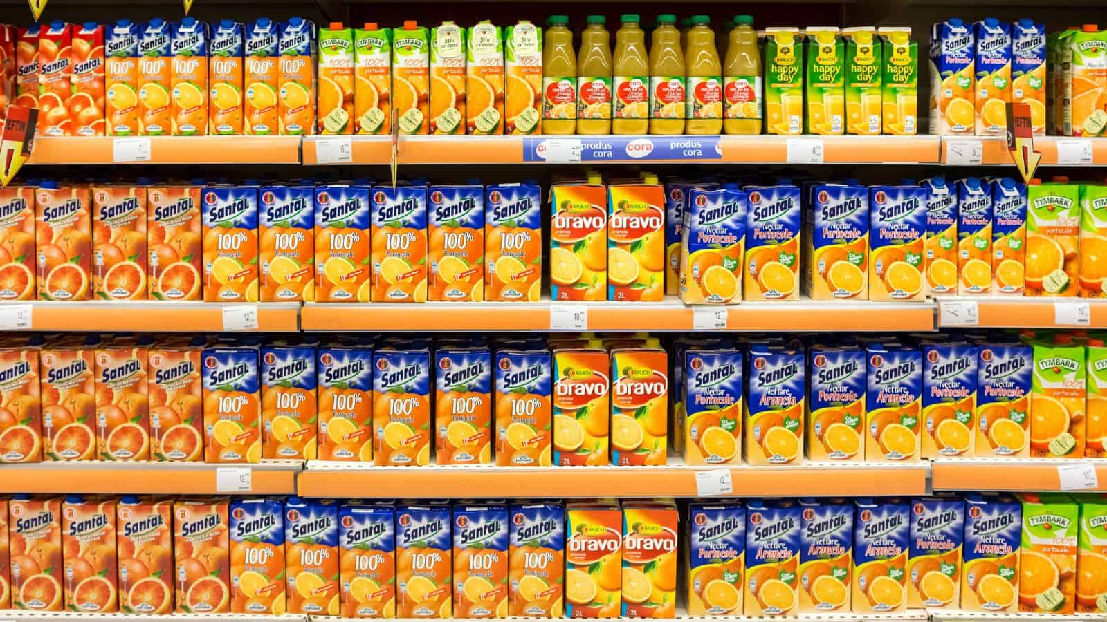 A supermarket shelf displays an assortment of fruit juice cartons, primarily orange juice, arranged in rows. The packaging features various brands and colorful labels.
