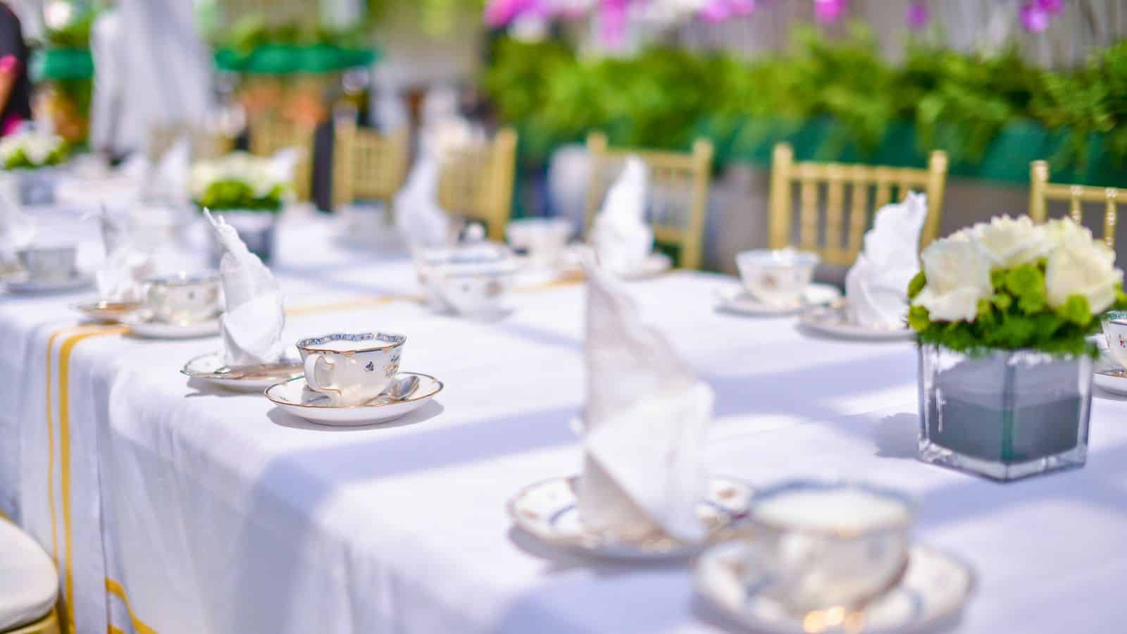 A long table is set for a gathering, covered with a white tablecloth. There are teacups and saucers, each with a folded white napkin. Decorative flowers are arranged in pots along the table. Green plants are visible in the background.