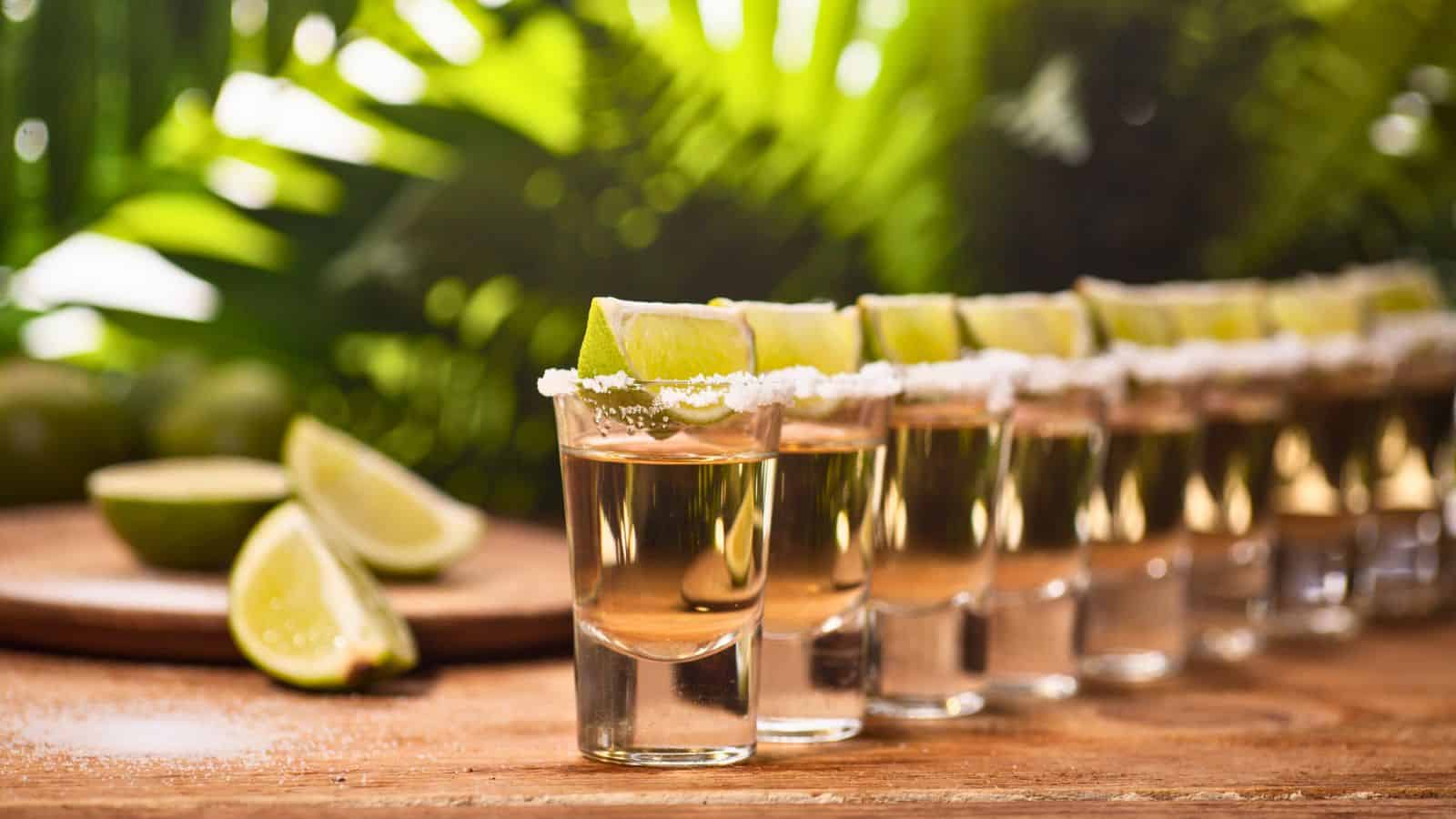 A row of shot glasses filled with a clear liquid, each topped with a lime wedge. The rim of each glass is coated with salt. In the background, there are blurred green leaves and a wooden surface with sliced limes.