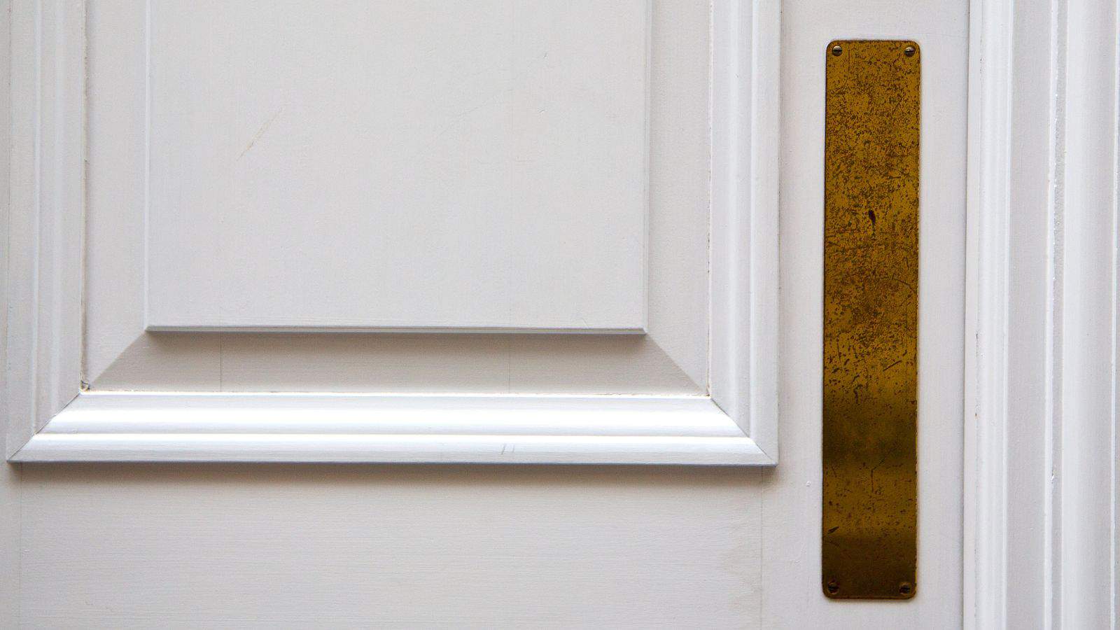 A close-up of a white wooden door with a rectangular, brass push plate on the right side. The door features decorative molding.