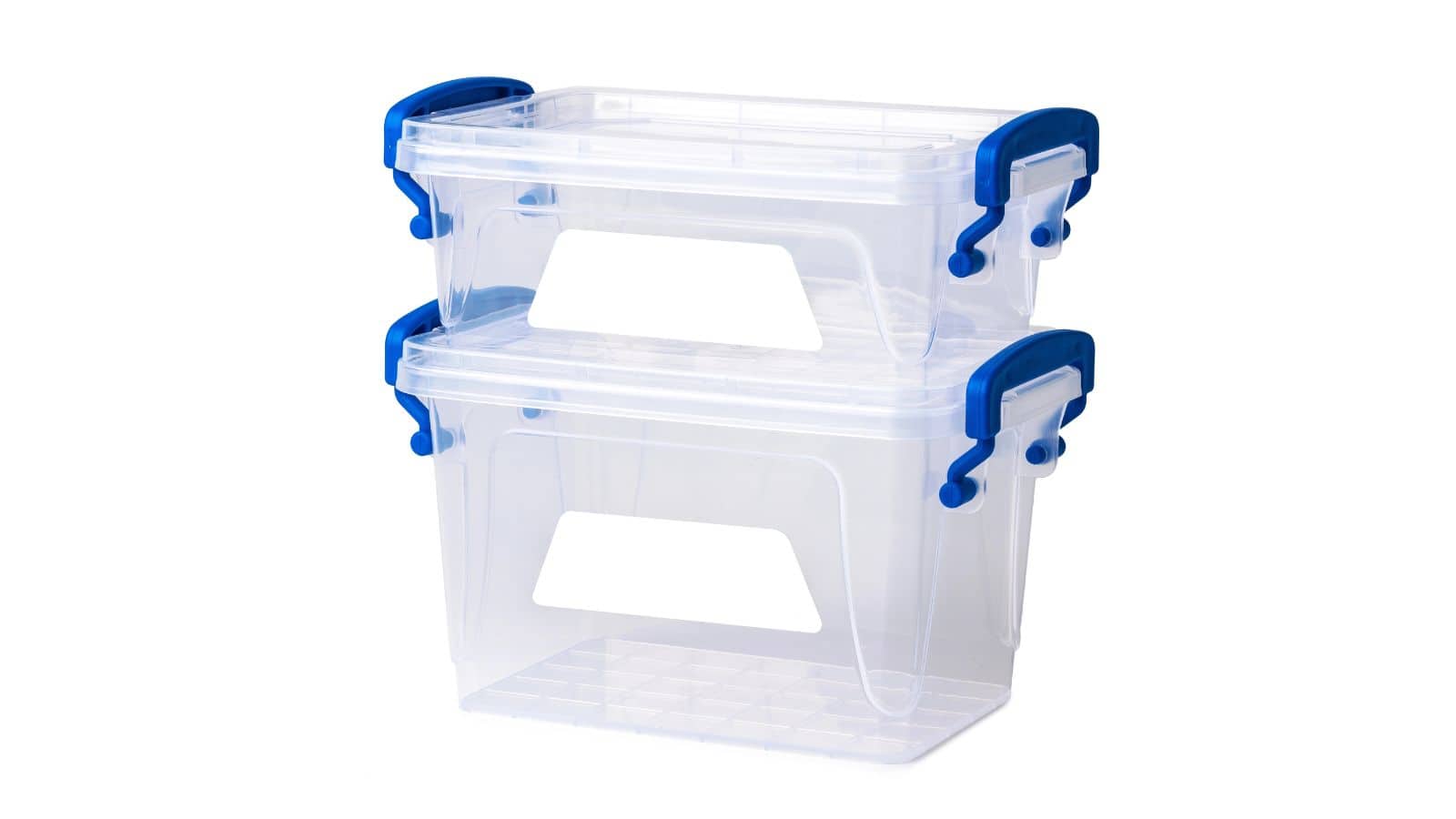 Two stacked clear plastic storage boxes with blue handles and latches. The boxes are transparent, allowing visibility of contents, and are designed for easy stacking. The handles appear sturdy for secure carrying.