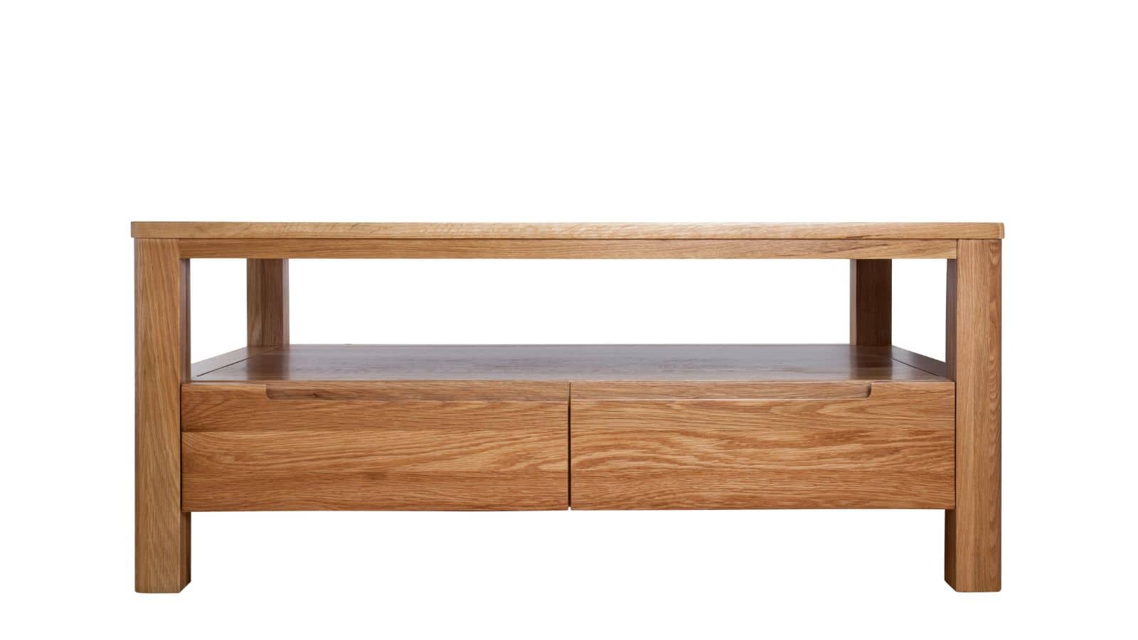 A wooden coffee table with a rectangular shape, featuring two drawers and an open shelf. The table shows a natural wood grain finish, with simple, clean lines and a solid design.