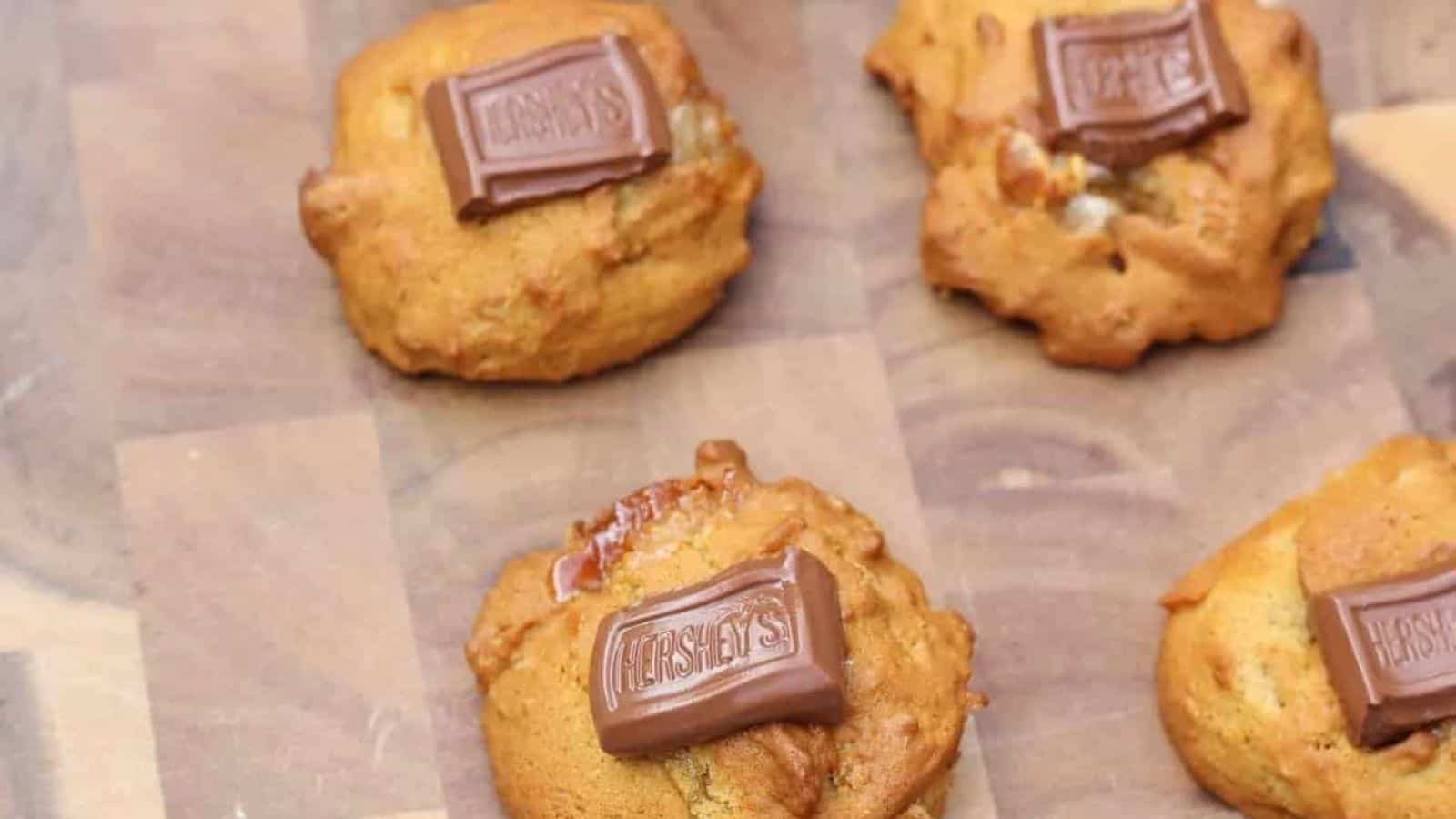 Wooden cutting board with cookies on top.