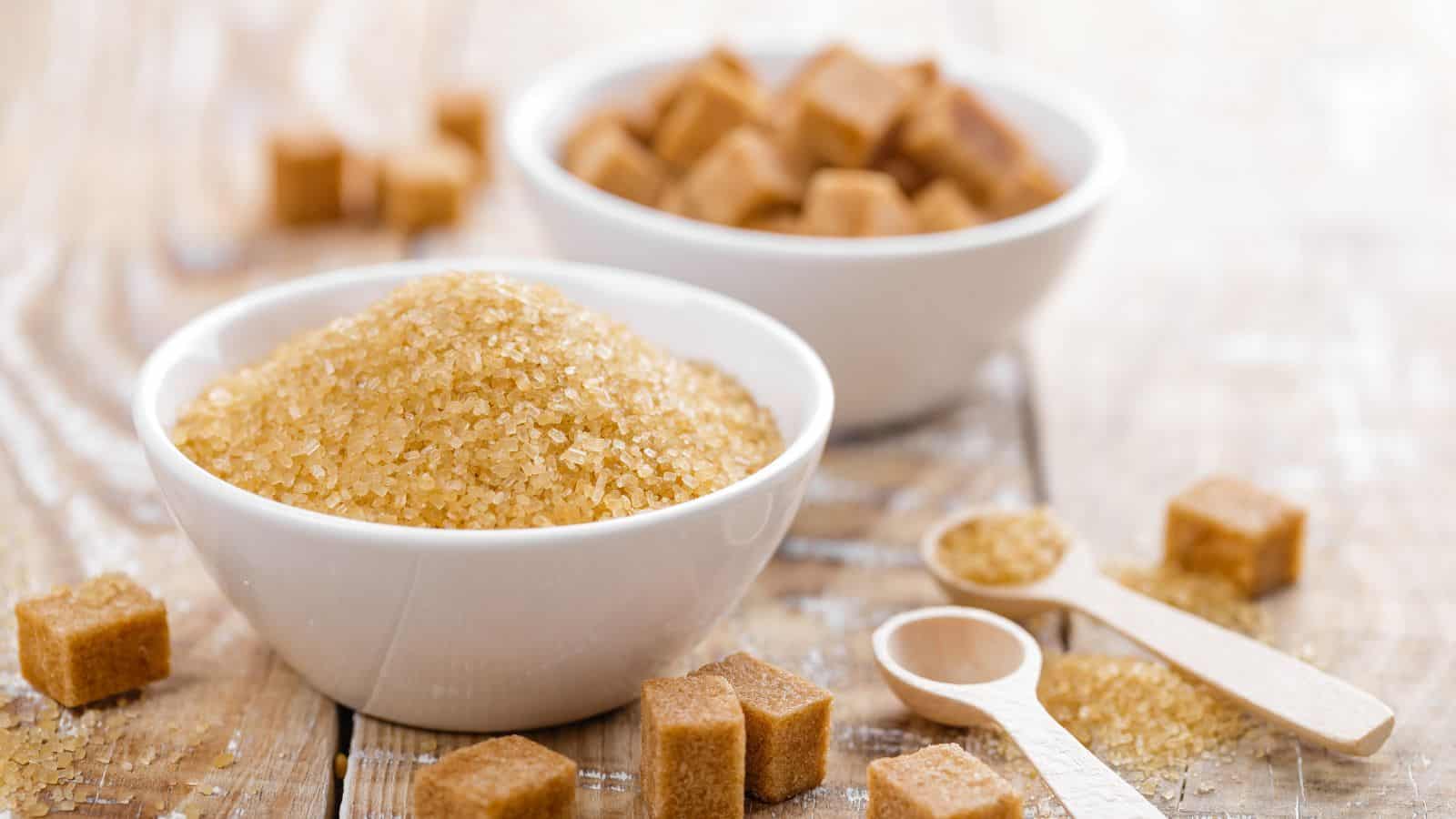 Two white bowls on a wooden surface, one filled with brown sugar cubes and the other with granulated brown sugar. Several sugar cubes and two small wooden spoons with sugar are scattered around the bowls.