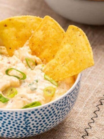 A bowl of creamy dip garnished with chopped green onions, surrounded by tortilla chips and celery sticks. The bowl is white with blue patterns and sits on a woven cloth. A small plate with additional celery sticks is beside it.