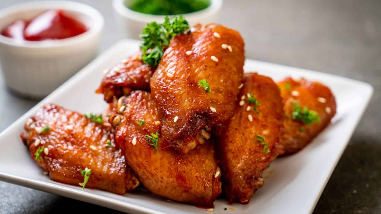 A white square plate with a stack of glazed chicken wings garnished with sesame seeds and parsley. In the background, there are two small bowls containing ketchup and chopped herbs.