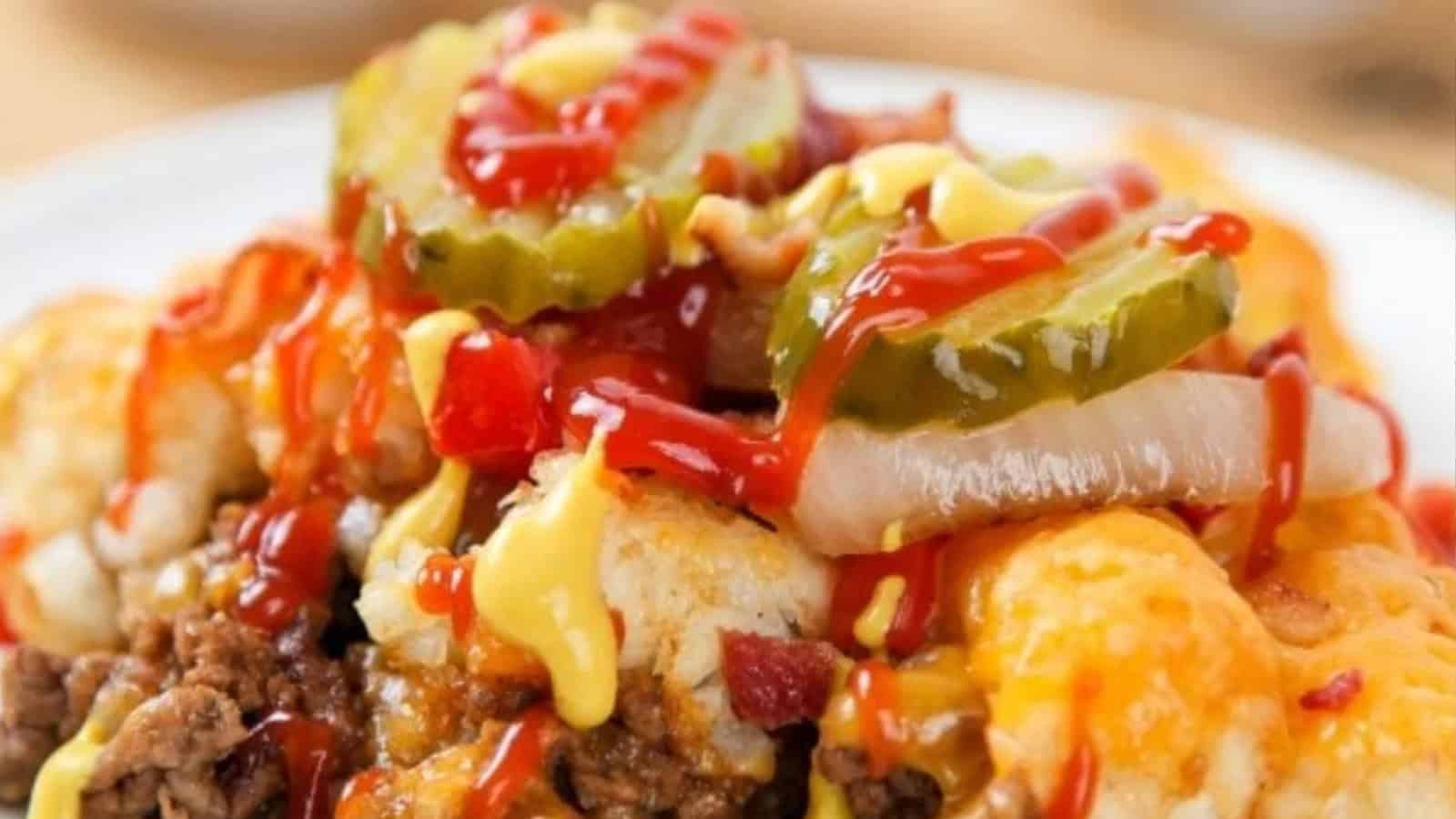 Tater tots topped with ground beef, pickles, onions, ketchup, and mustard on a white plateโan irresistible twist on iconic American snacks.