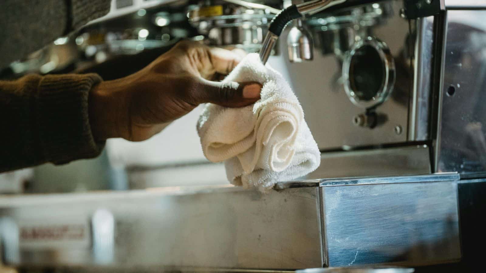 A person is cleaning a metal espresso machine with a white cloth. The focus is on the hand holding the cloth and the shiny surface of the machine. The machine has several knobs and components visible.