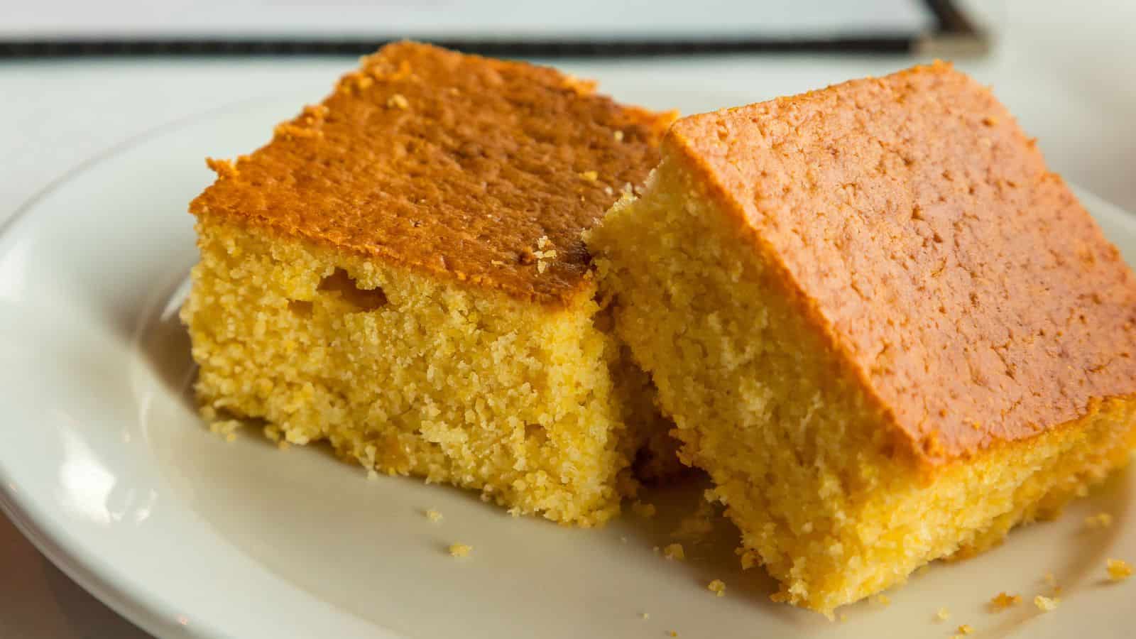 Two square pieces of cornbread are placed on a white plate. The cornbread has a golden-brown crust on top, with a slightly crumbly texture on the sides. The plate is set on a light-colored surface.