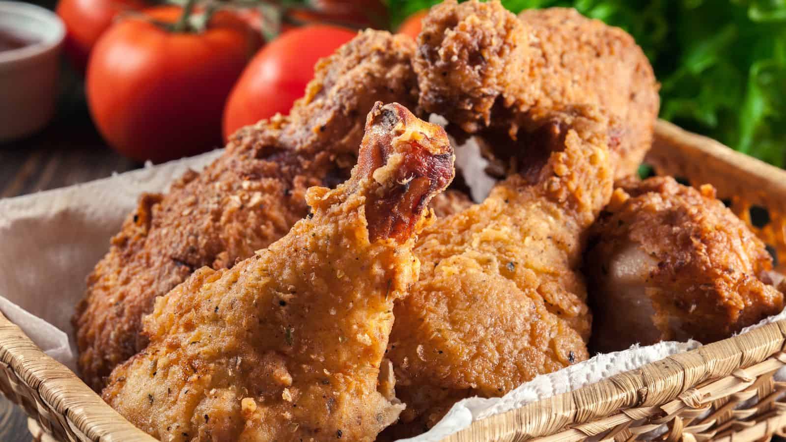 A woven basket filled with pieces of crispy fried chicken. Fresh tomatoes and leafy greens are blurred in the background, suggesting a rustic table setting.