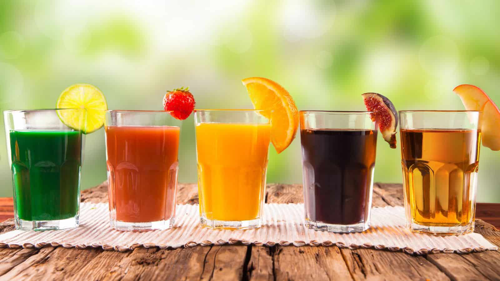 Five glasses of colorful fruit drinks placed on a wooden table. Each drink is garnished with different fruits: a lime slice, a strawberry, an orange wedge, a fig slice, and an apple slice. The background is a soft green blur.