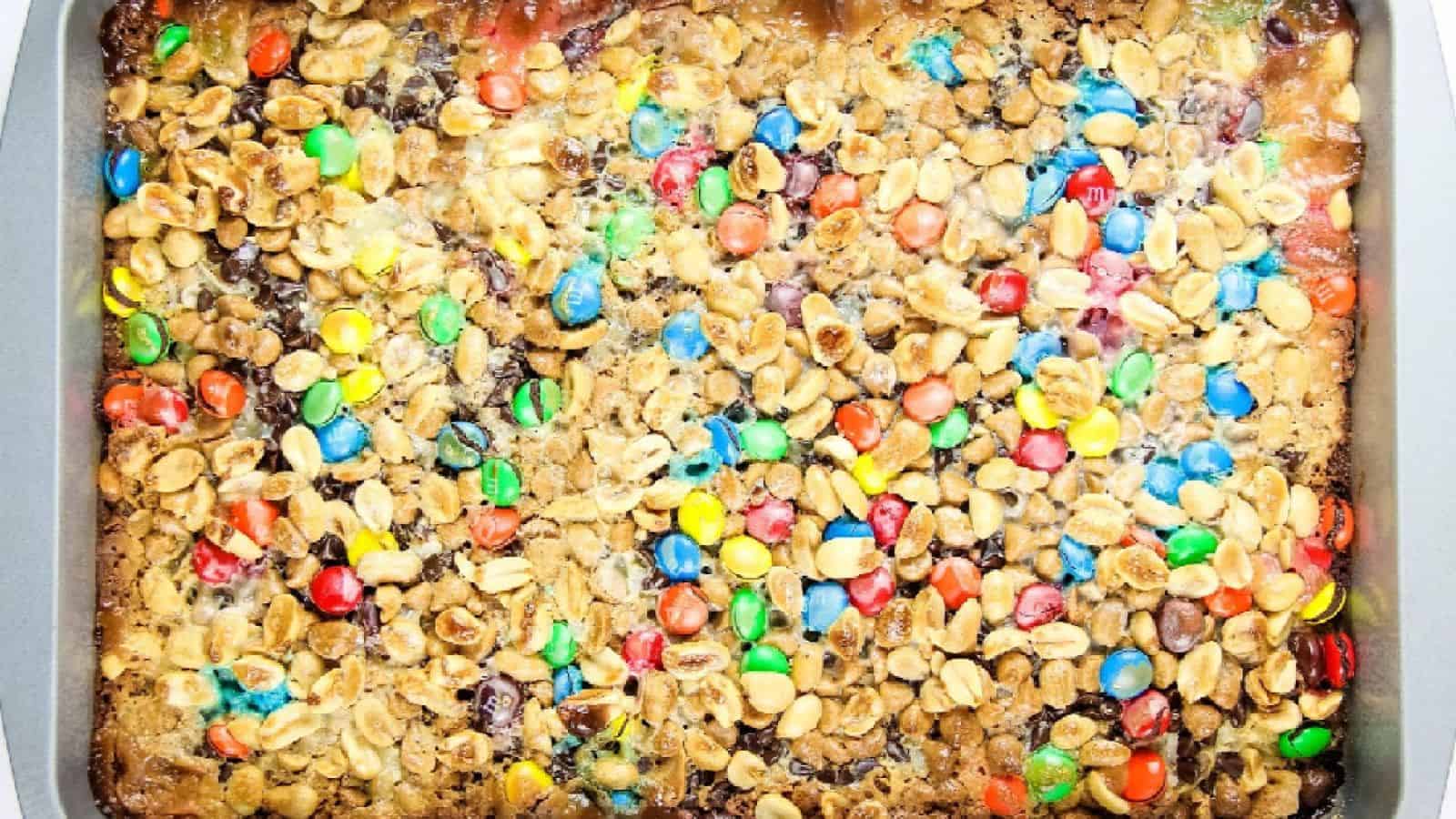 Graham Cracker Cookie Bars topped with m&m's.
