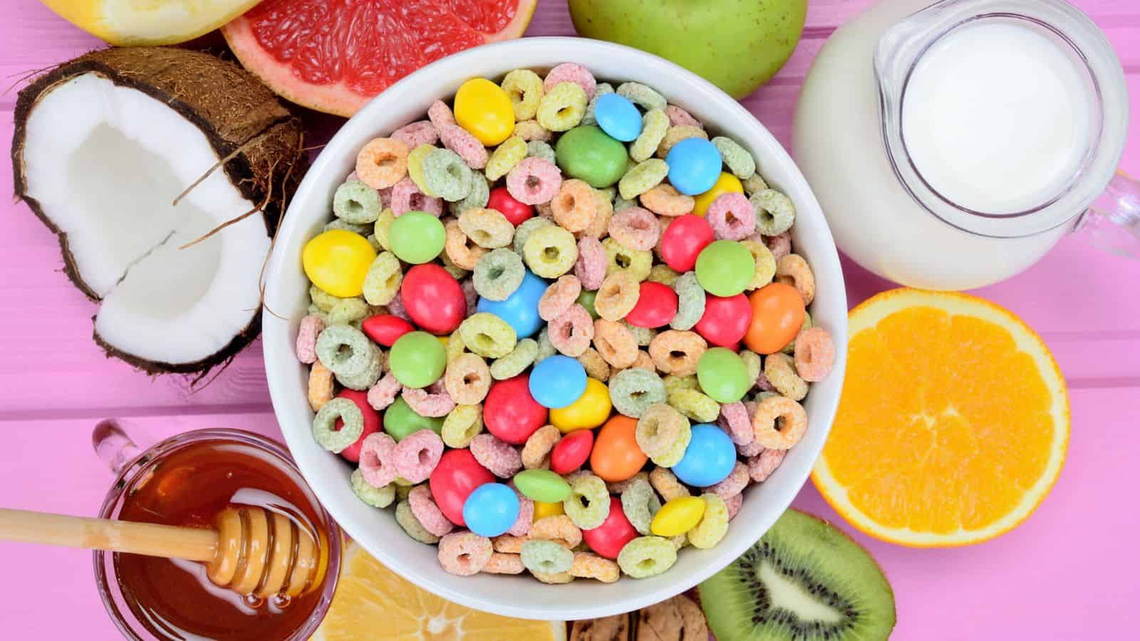 A bowl of colorful, round cereal and candy-coated chocolates is surrounded by coconut, grapefruit, green apple, a jug of milk, orange slices, a kiwi, honey with a dipper, and a pink background.