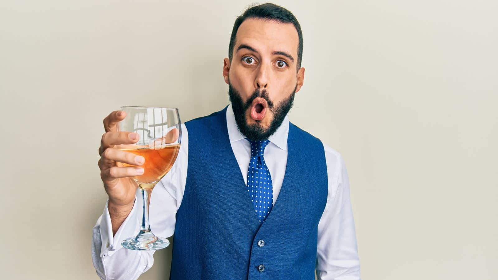 A man with a beard and mustache, wearing a blue vest and polka dot tie, holds a large wine glass. He has a surprised expression and is standing against a plain light-colored background.