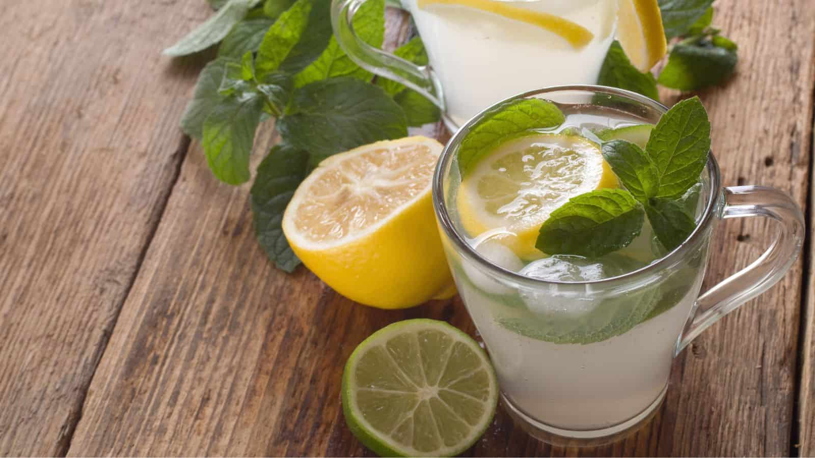 A glass mug filled with lemonade, garnished with lemon slices and mint leaves, sits on a wooden table. In the background, a larger glass container holds more lemonade. Fresh mint and halved lemons and limes are scattered around.