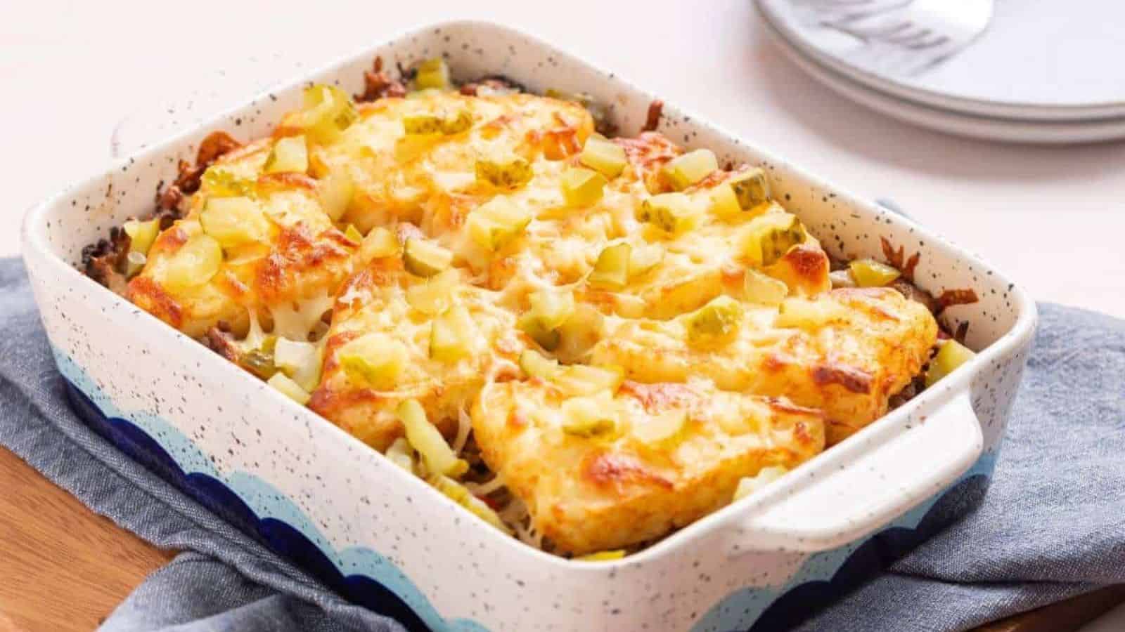 A serving of Sloppy Joe Casserole pasta with meat on a plate with a fork.