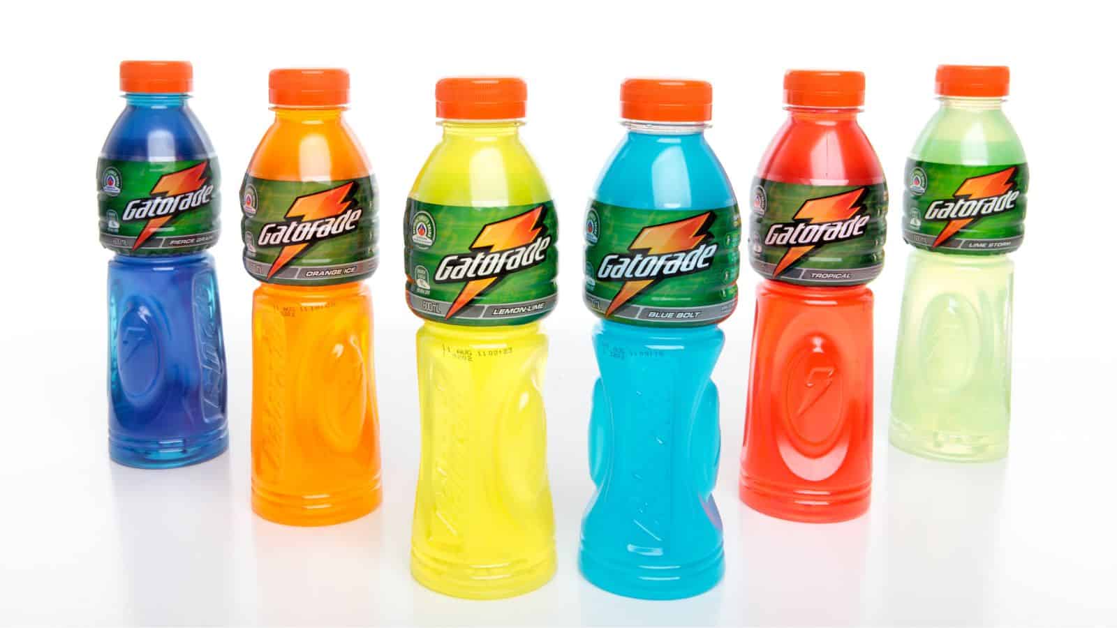 Different flavored gatorades.