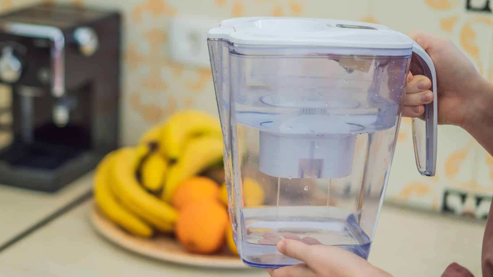 Hands holding a transparent water filter jug with a white lid in a kitchen setting. A plate with bananas and oranges is blurred in the background.